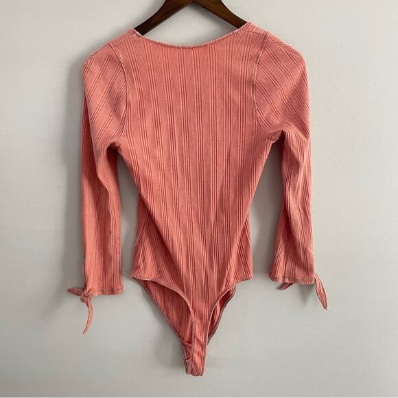 Free People | Women’s Move On Bodysuit Mooncake Pink Ribbed Long Sleeve Bow Cuff - Picture 5 of 8